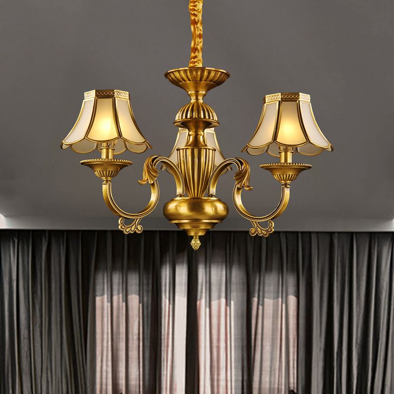 3/8 Lights Suspension Lighting Colonial Flared Frosted Glass Chandelier Pendant Lamp in Gold