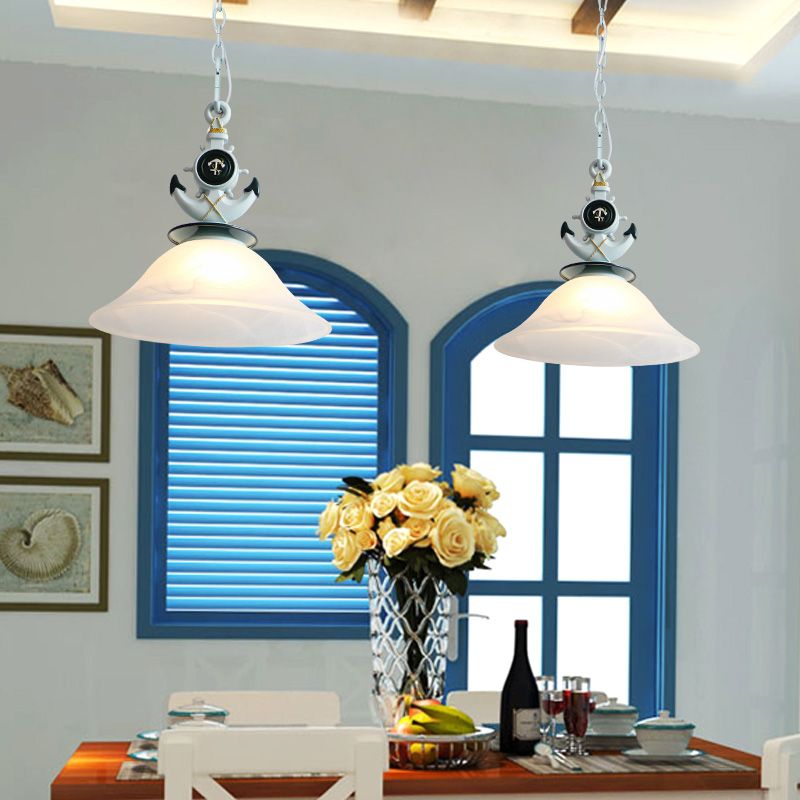 Bell Opal Glass Hanging Light Style Modernist 1 Head Blue/White Finish Lighting con Anchor Deco