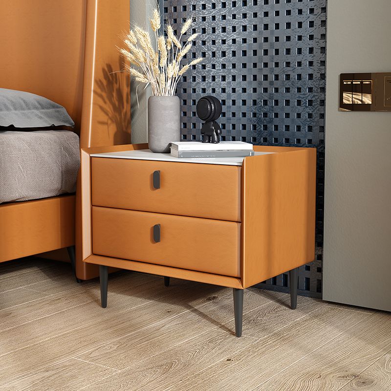 Wooden and Leather Bedside Table Modern Minimalist Bed Nightstand with Drawers