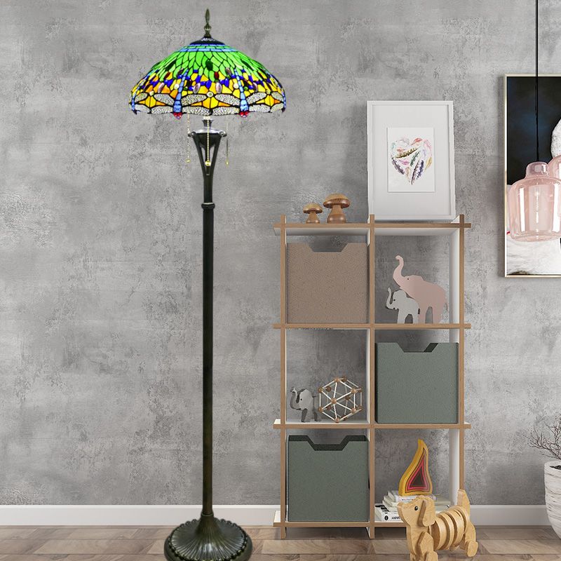 Stained Glass Dragonfly Reading Floor Lamp Baroque 3 Heads Yellow/Blue/Green Pull Chain Stand Up Light with Domed Shade