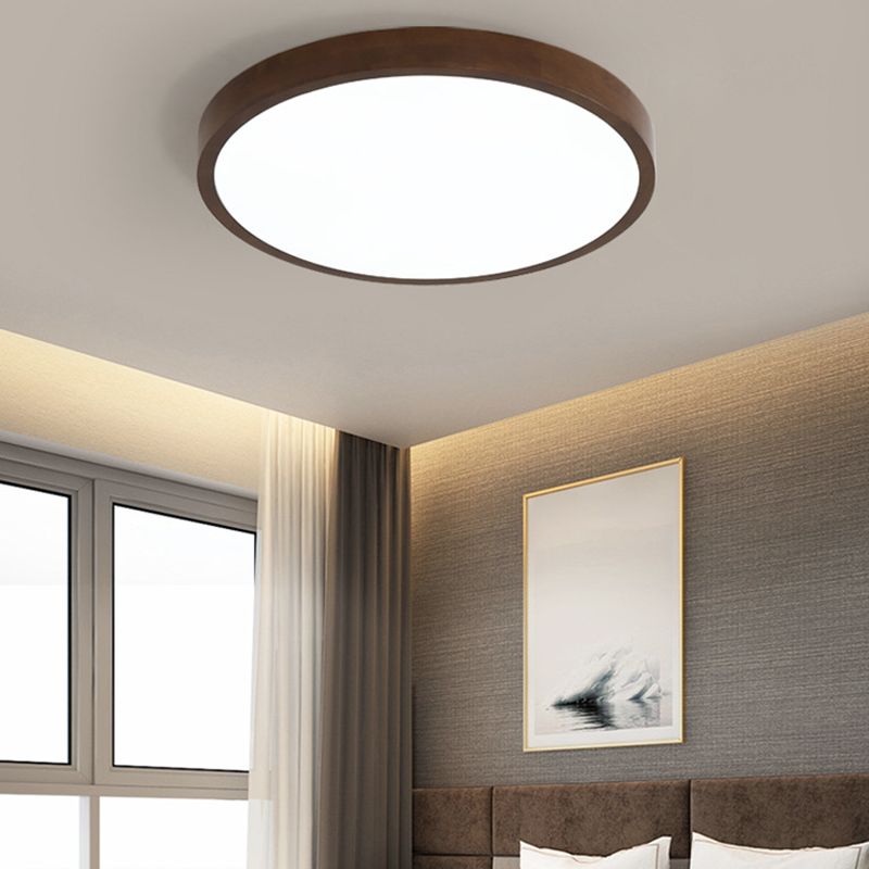 1-Light Round Flush Ceiling Lights Modern Wood Flush Mount in Brown