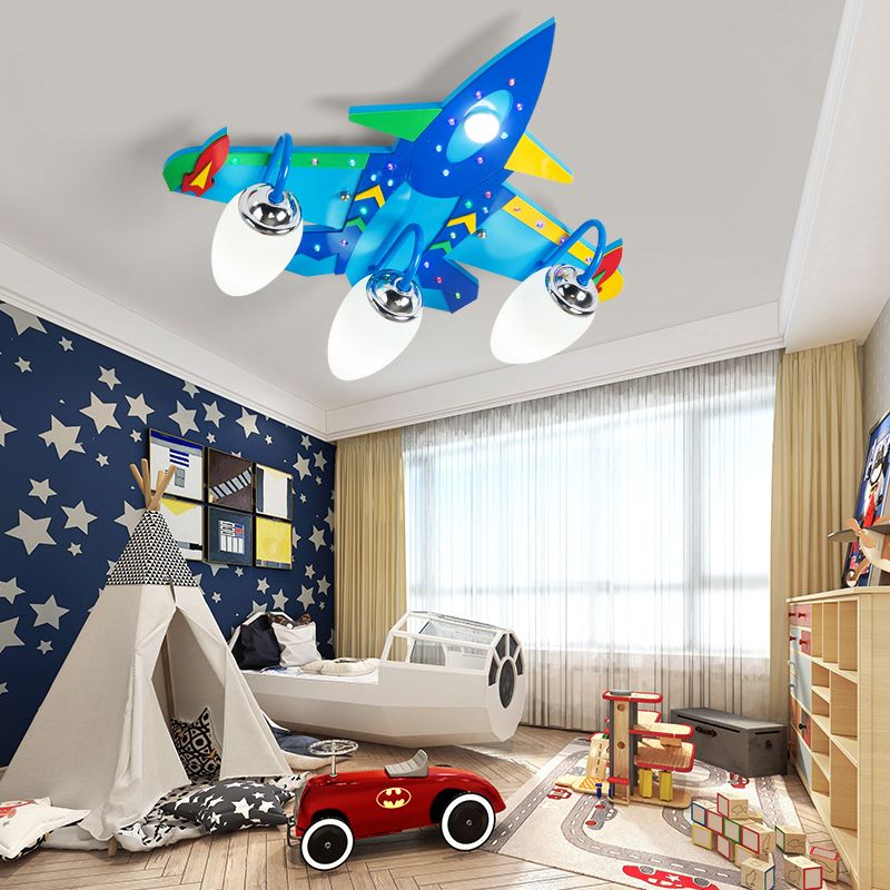 Jet Childrens Bedroom Ceiling Lamp Wooden Cartoon Flush Mount Light Fixture in Blue