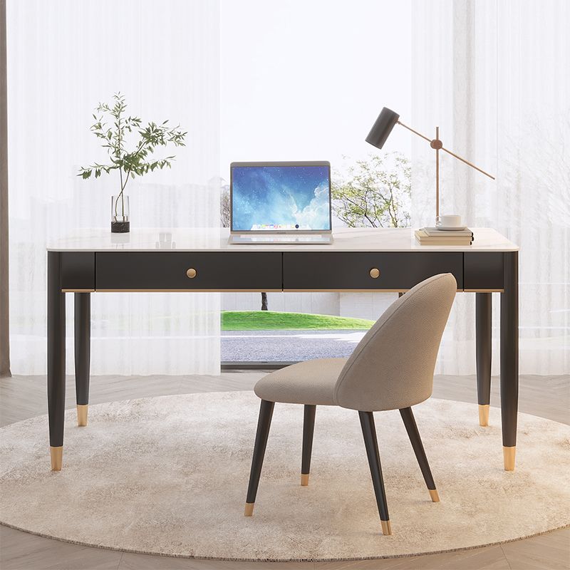 Contemporary Stone Office Desk 2 Drawers Parsons Base Writing Desk