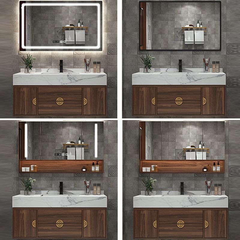 Wood Frame Vanity 2 Drawers Wall Mount Single Sink Rectangle Bathroom Vanity with Mirror