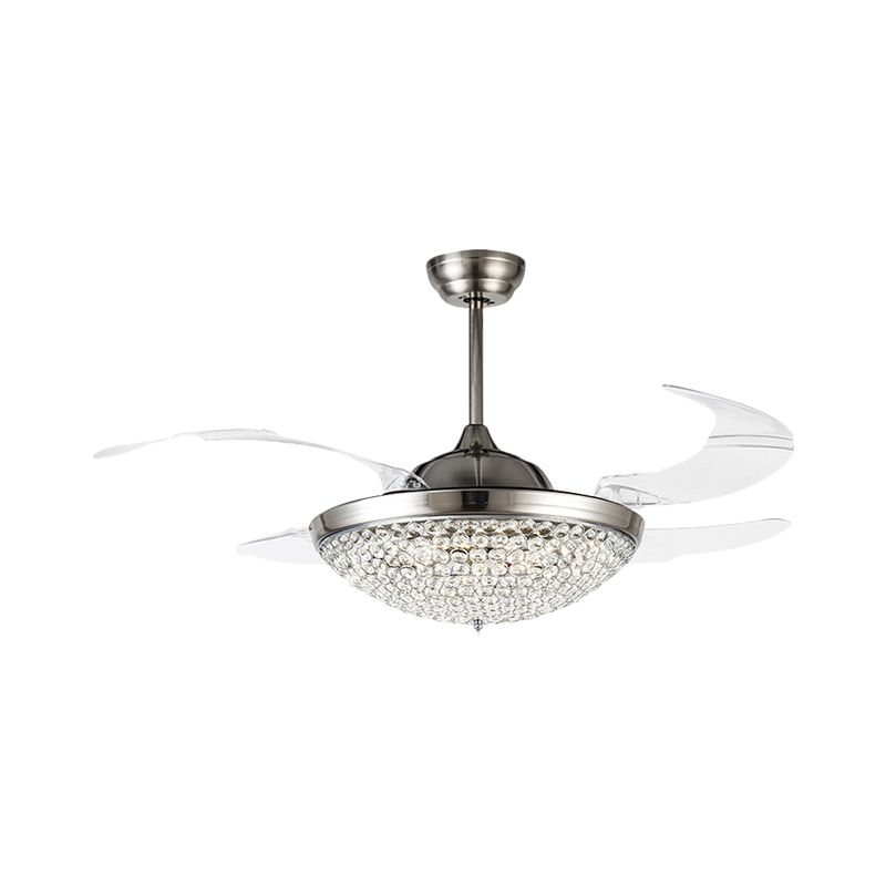 19" W Domed Semi Flush Mount Lamp Minimalist Crystal Encrusted LED Nickel Ceiling Fan Light, 4 Blades