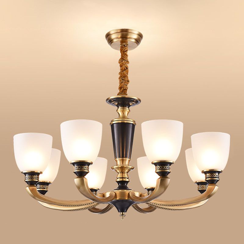 Simplicity Chandelier Lamp Brass Bowl Suspension Lighting Fixture with White Frosted Glass Shad