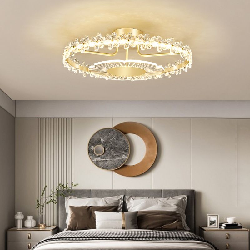 2-Light Golden Flush Mount Lighting Metal LED Ceiling Light with Crystal