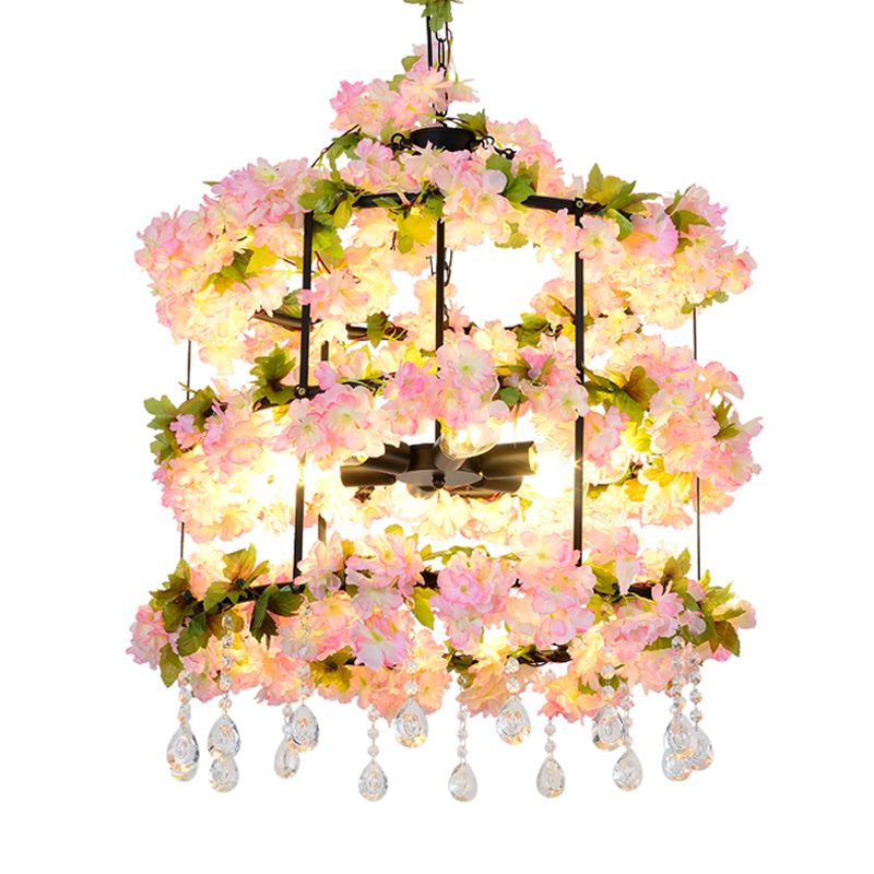 6 Bulbs Iron Chandelier Lighting Antique Black Cylindrical Cage Flower Suspension Light with Crystal Drop, 27.5"/39" H