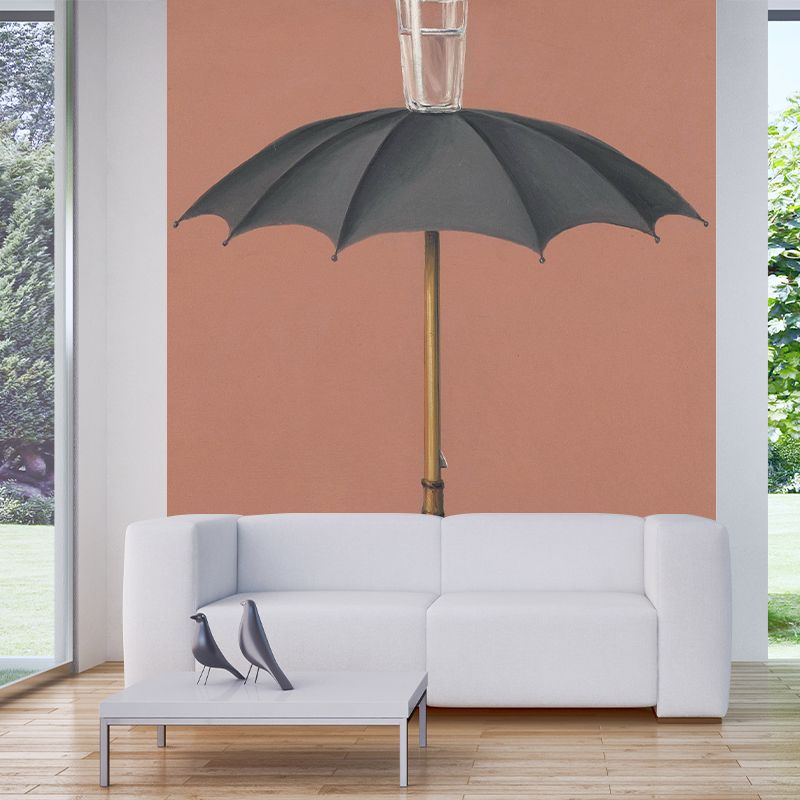 Grey-Red Surrealistic Mural Wallpaper Large Umbrella with Glass Cup Top Wall Decor for Home