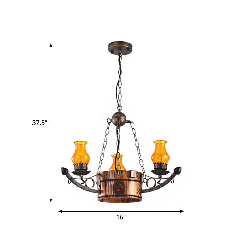 3/5 Lights Antique Hanging Chandelier Height Adjustable Amber Glass Oil Lamp in Rust