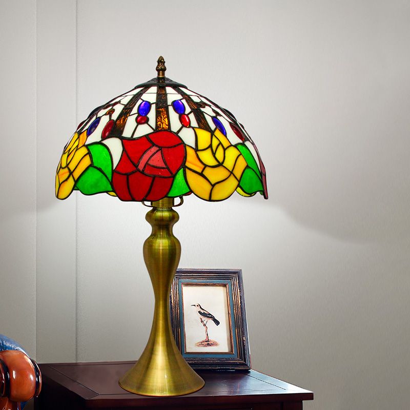 Domed Night Lighting Tiffany Style Stained Glass 1 Head Gold Flower Patterned Nightstand Lamp