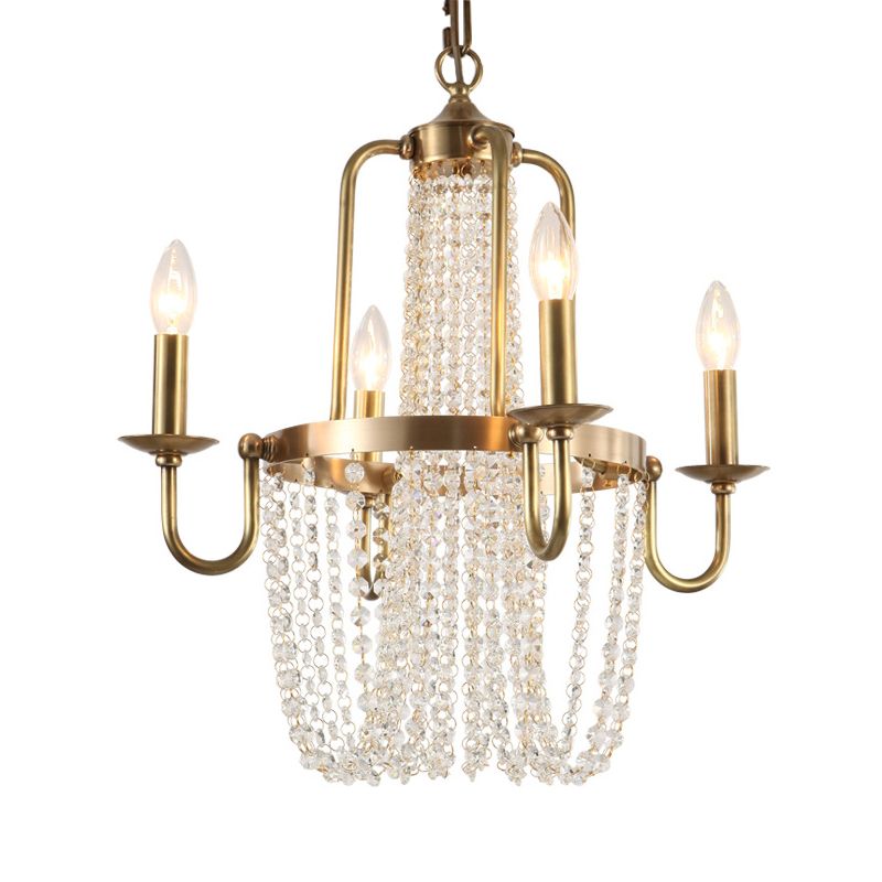 Scroll Frame Chandelier Traditional Copper 4 Lights Golden Hanging Ceiling Light with Crystal Tassel