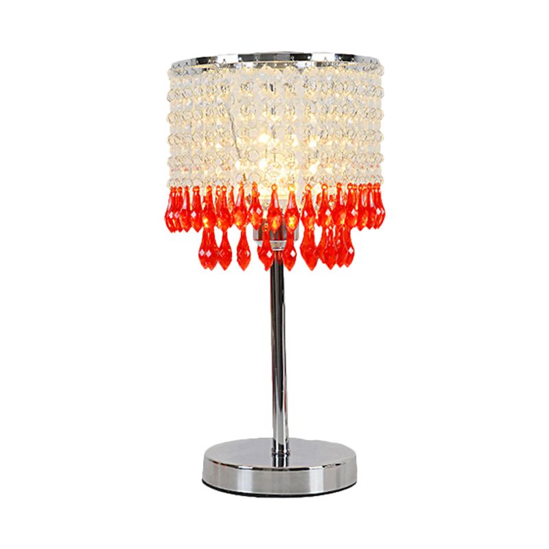 Crystal Beaded Red/Pink/Purple Table Lamp 2 Tiers Tassel Single-Bulb Modernist Nightstand Light for Bedside