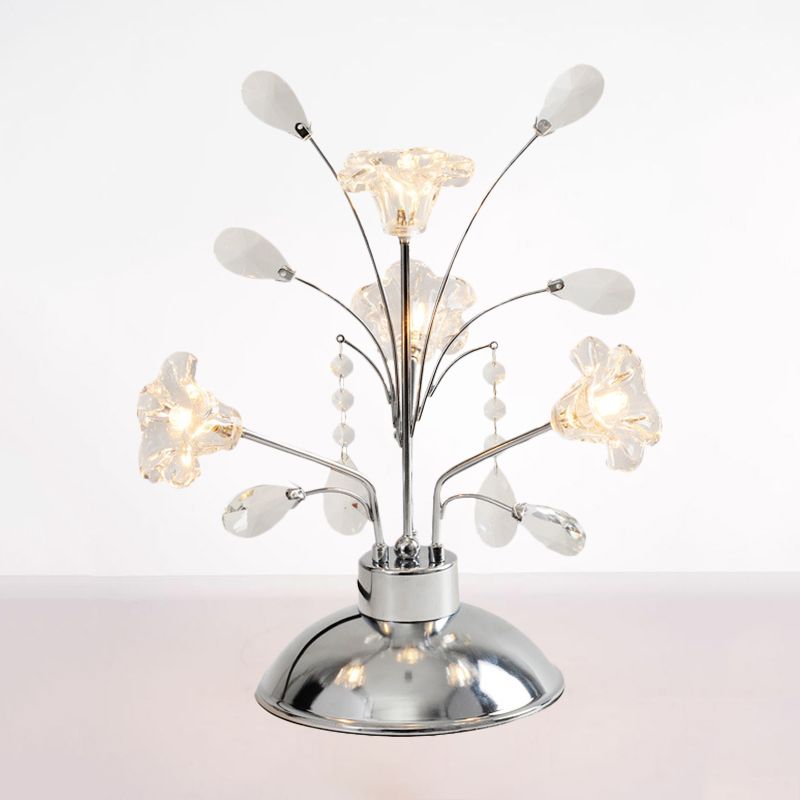 Branching Bedroom Table Light Contemporary Clear Crystal Teardrops 4 Heads Chrome Nightstand Lamp with Lily Shade