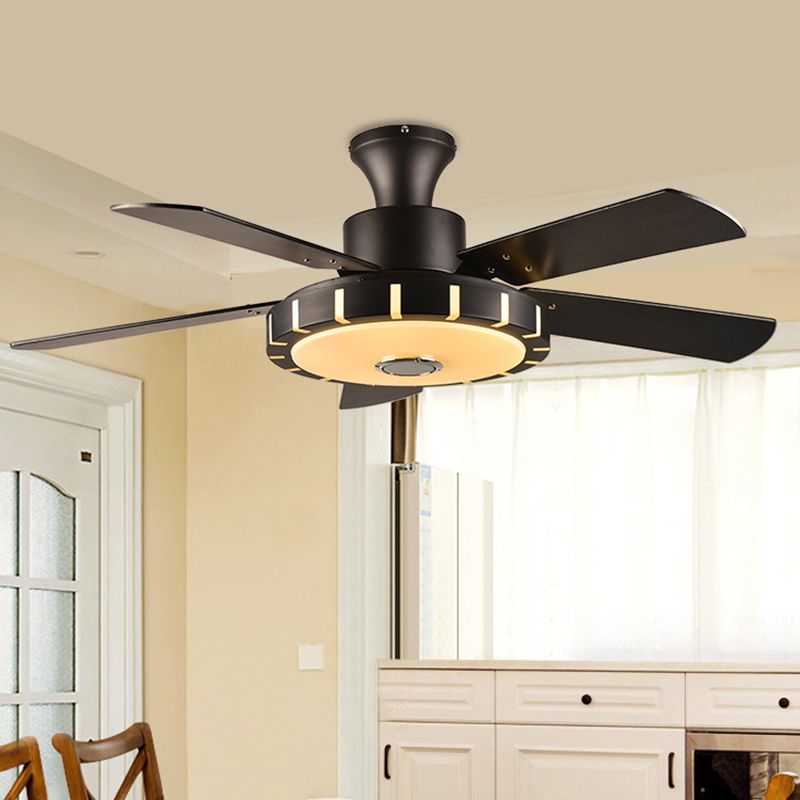 Round Metal Hanging Fan Lighting Retro Dining Room LED Semi Flush Ceiling Lamp in Black with 5 Blades, 32" Wide