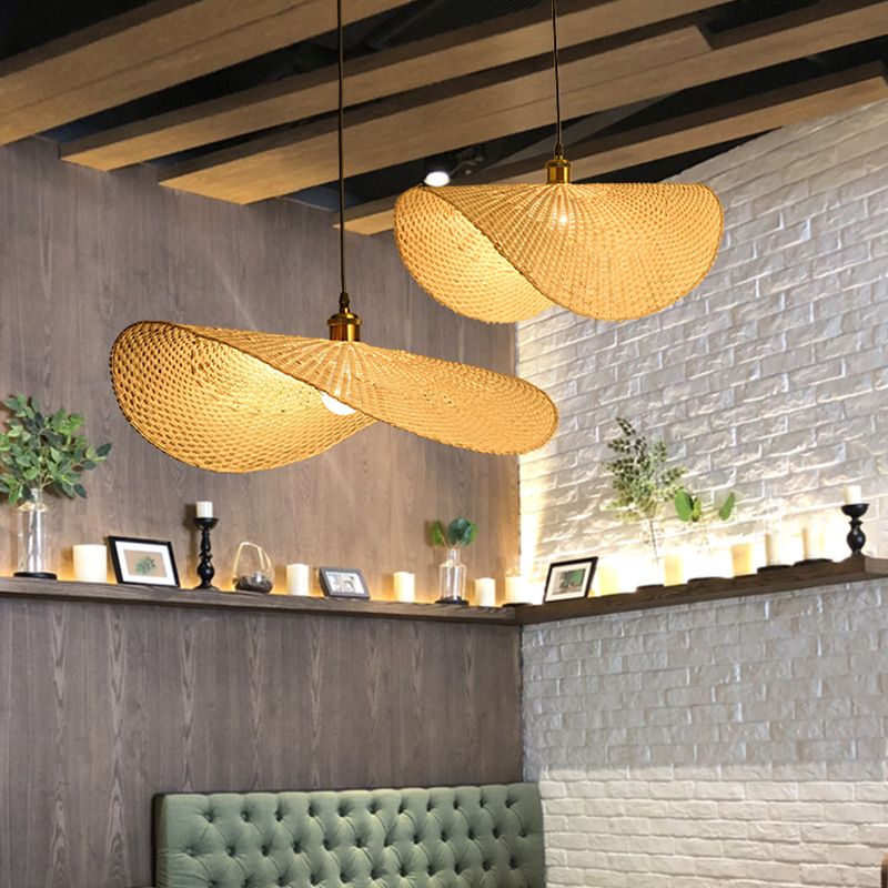 Beige Straw Hat Shape Hanging Lamp Kit Asian 1-Light Bamboo Ceiling Pendant Light for Dining Table