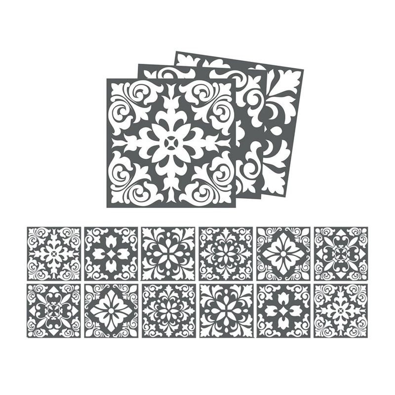 Botanix Moroccan Tile Wallpaper Panels Bohemian PVC Wall Covering in Black-White, Adhesive