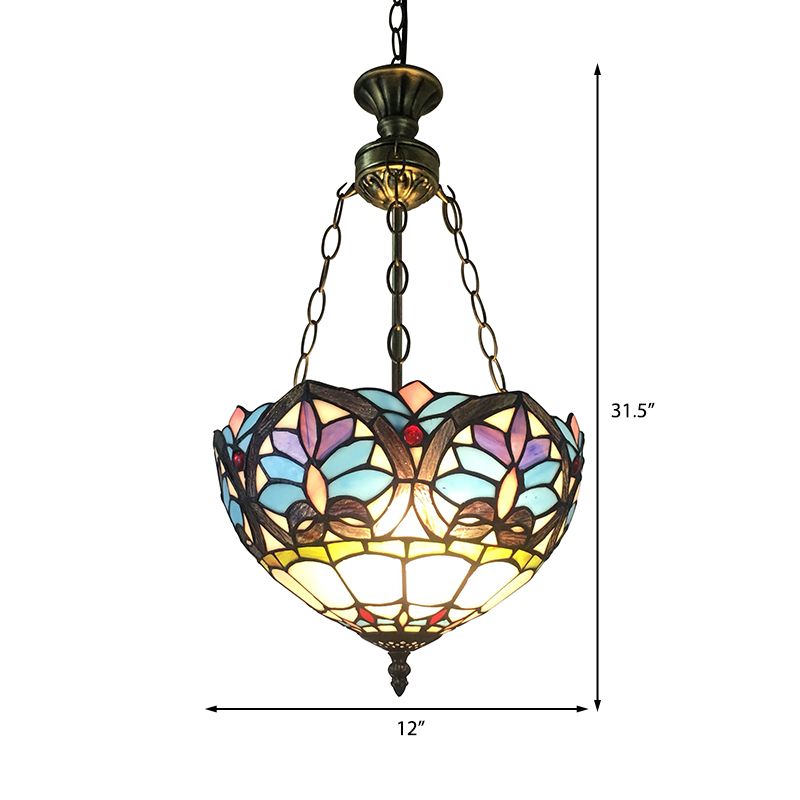 Small LED Pendant Lights, Adjustable 2 Lights Bowl Ceiling Fixture in Antique Brass with Metal Chain and Stained Glass Shade Baroque Style