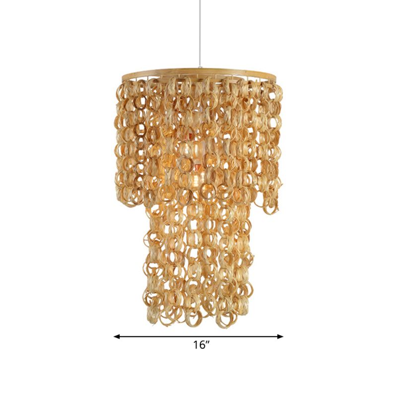 16"/19.5" Wide Tassel Bamboo Drop Pendant Chinese Single Light Beige Hanging Lamp for Dinging Room Restaurant