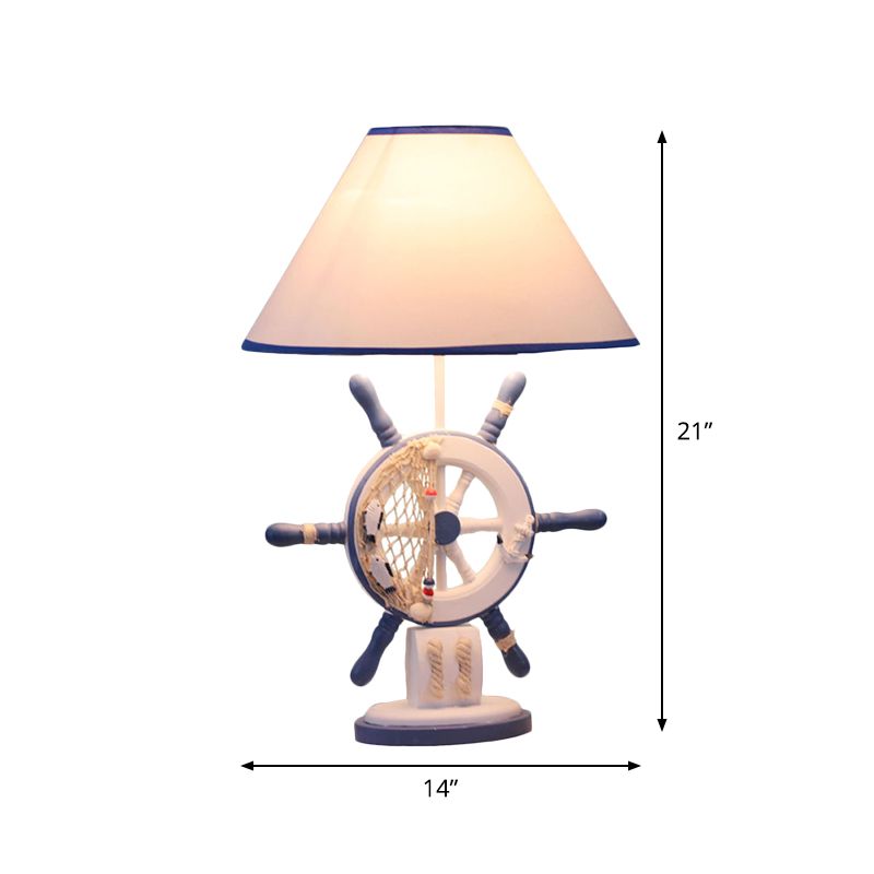 Resin Rudder Base Desk Lamp Children Single Bulb Blue Night Light with Cone White Fabric Shade