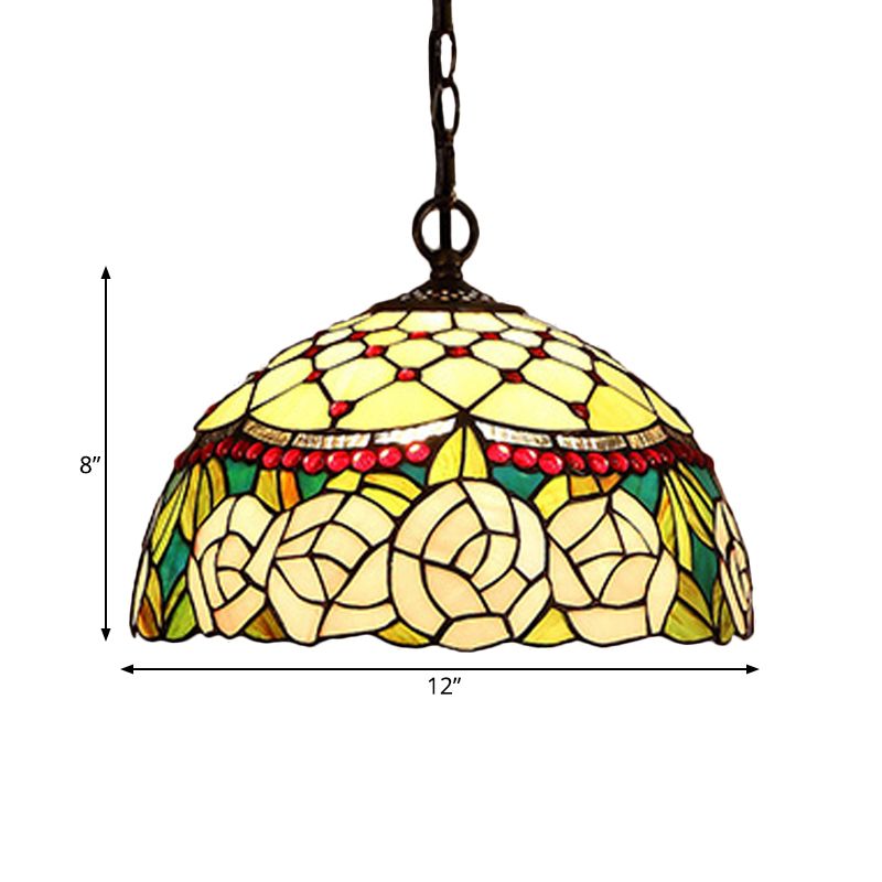 1/2 lumières Cuisine Chandelier Pendant Light Light Méditerranéen Bronze Plafond Lampe à teinte en verre rouge / jaune en dôme, 12 "/ 16" W