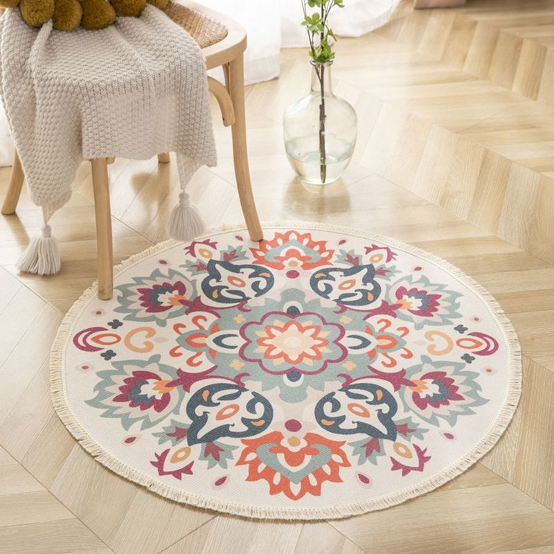 Distinctive Moroccan Round Rug Victoria Floral Printed Area Rug with Fringe Cotton Blend Washable Carpet for Home Decor