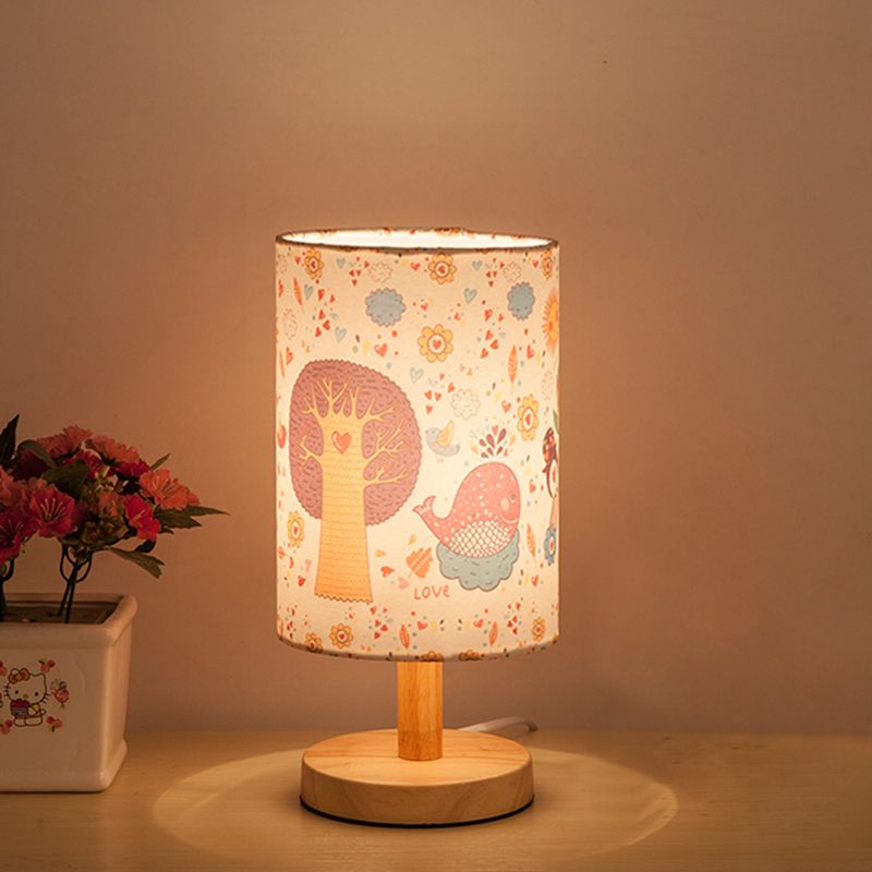 Wood Cylinder Night Table Lamp Kids 1 Head Fabric Nightstand Light with Tree and Flower Pattern