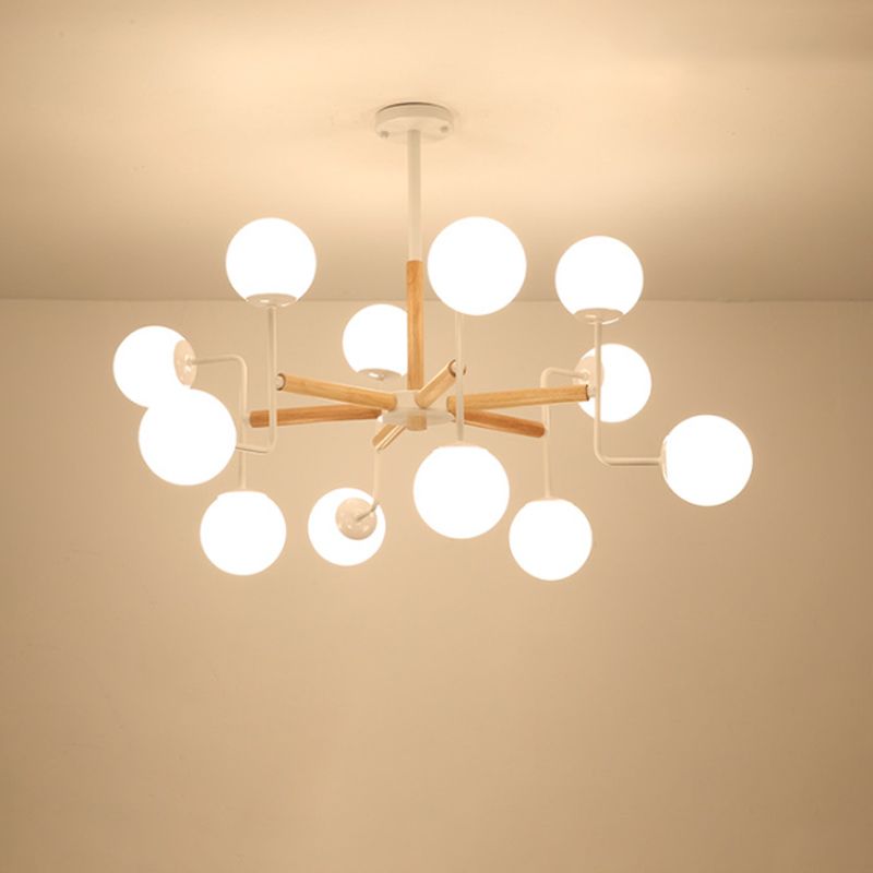 Simple Chandelier Lighting Fixture Wood Spherical Pendant Lamp with Opaline Glass Shade