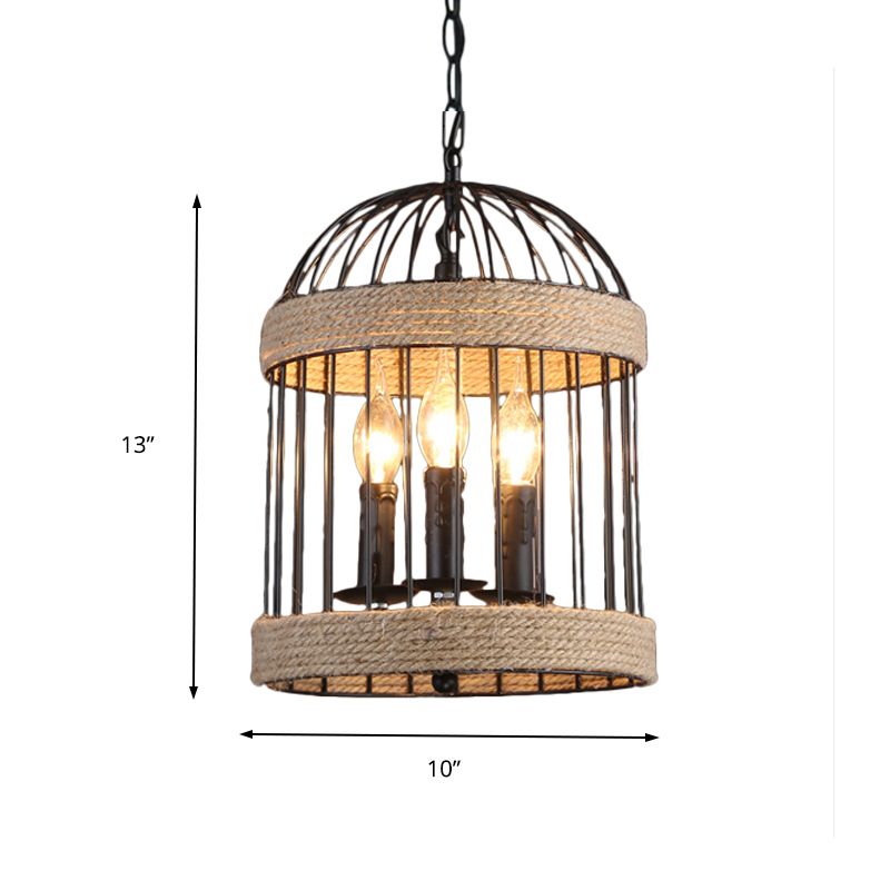 3 bollen vogelcage plafondlicht vintage zwarte afwerking metaal en touwhangende lamp met ketting voor eetkamer