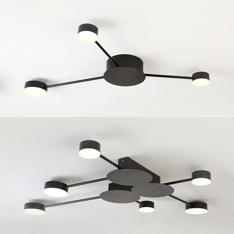 Linear Child Bedroom Semi Flush Ceiling Light with Drum Shade Metal Modern Ceiling Lamp in Black