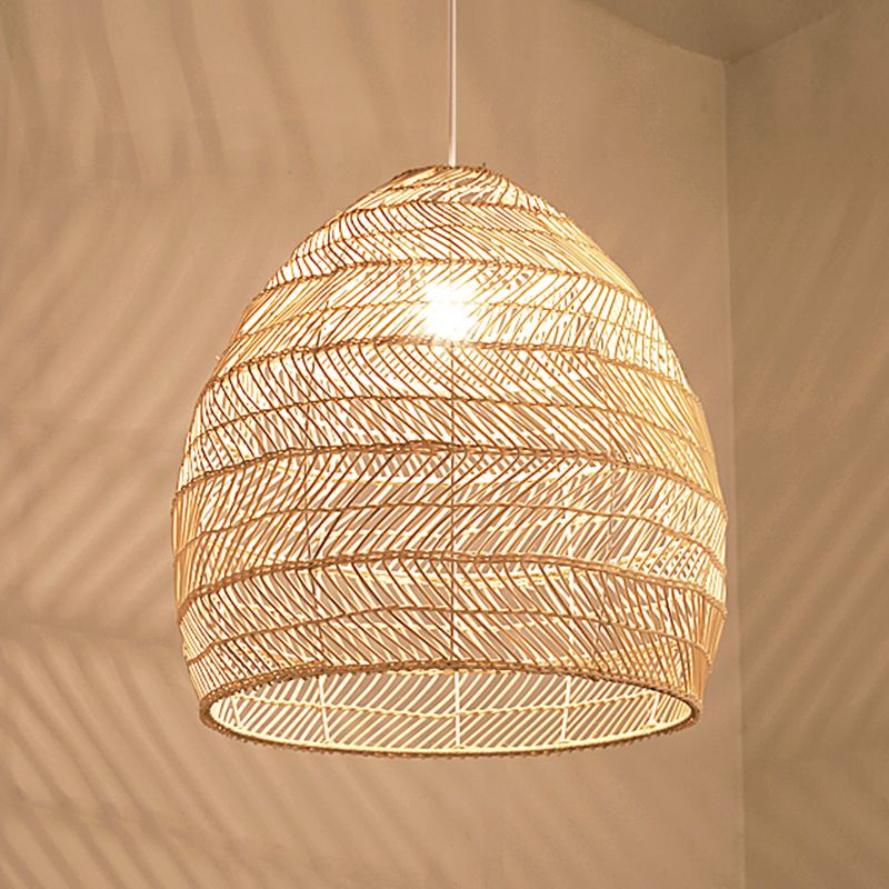 Rattan Bell Shaped Pendant Asian Style 1-Light Hanging Light Fixture for Tearoom