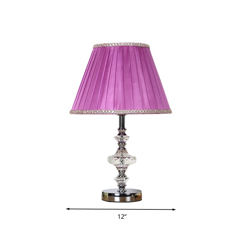 Conical Fabric Night Table Light Lodge Single Bulb Bedroom Nightstand Lamp in Purple with Crystal Accent