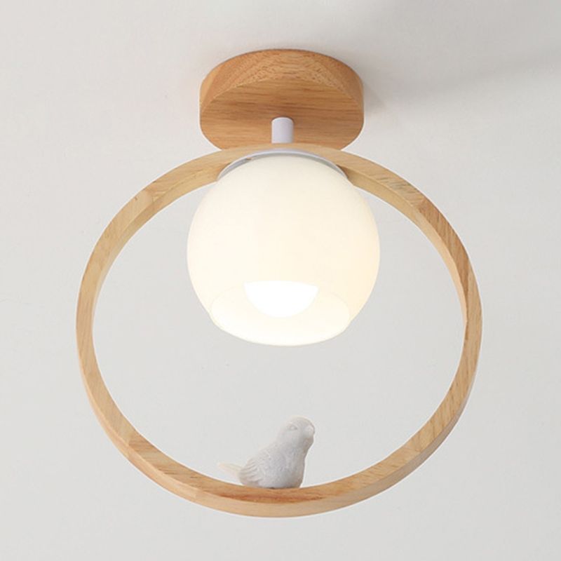 White Shaded Ceiling Light Contemporary Flush Mount Lighting with Wood for Room