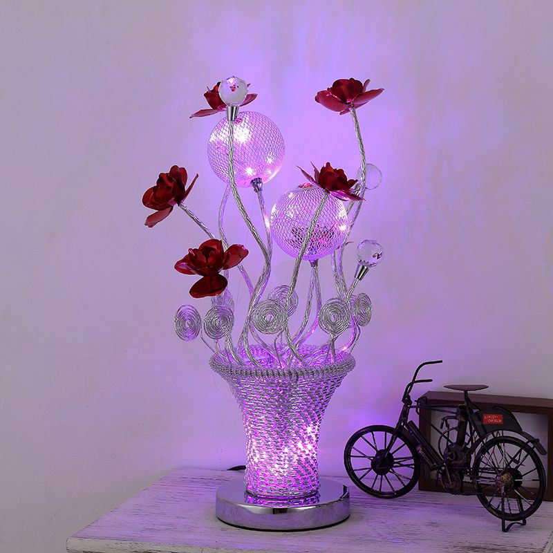 Basket-Like Aluminum Desk Light Art Decor Bedside LED Vine Night Table Lamp with Blossom and Orb Decor in Gold/Silver