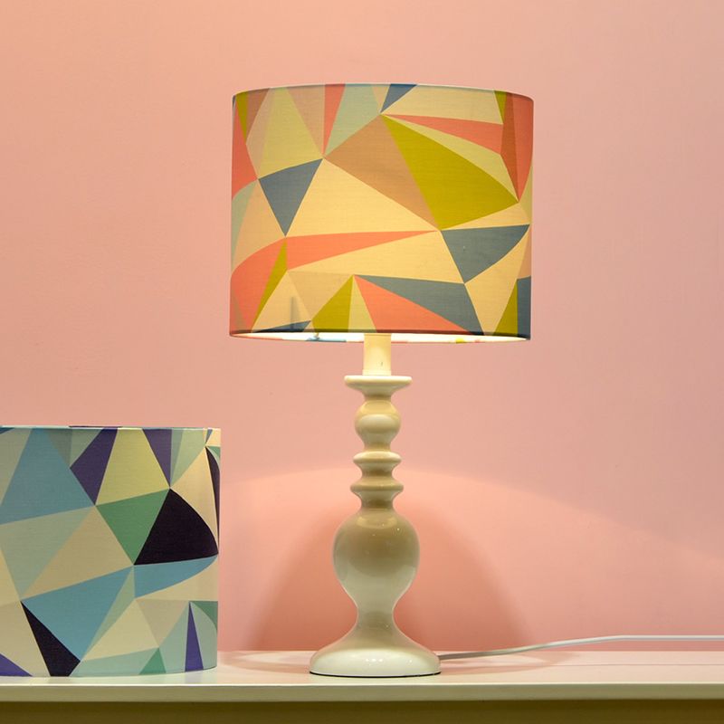 Drum Shade Night Table Light Kids Fabric 1 Head Pink/Blue Nightstand Lamp with Geometric Pattern