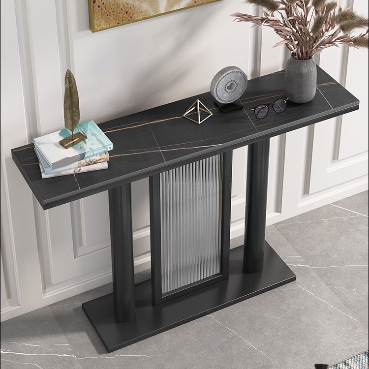 Rectangle Stone Top Accent Table with Pedestal Base for Hall