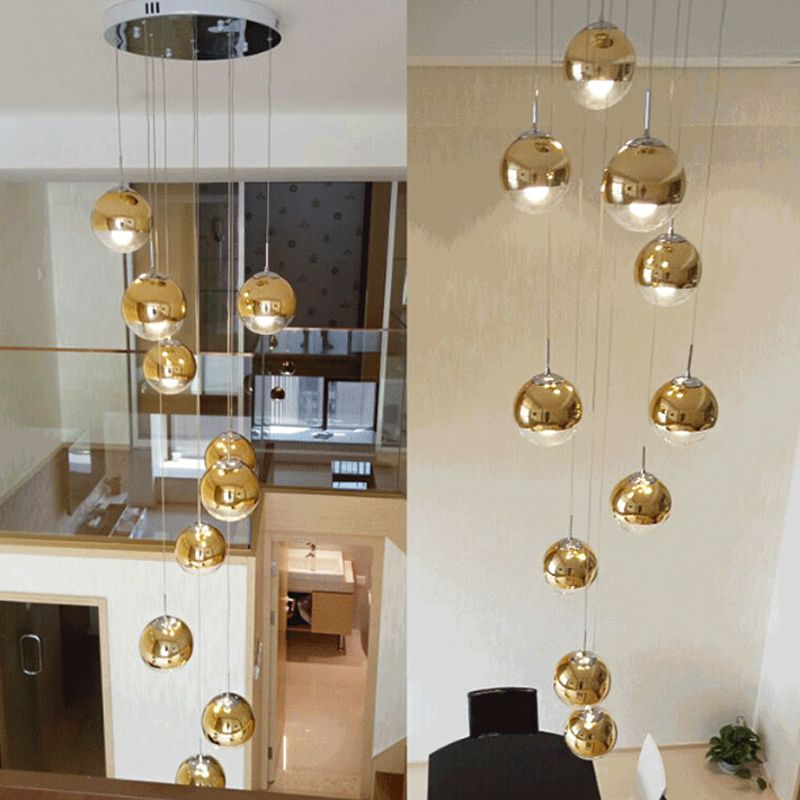 Globe Cluster Pendant Light Nordic Aluminium Escaliers Éclairage de suspension avec fond en verre transparent en or