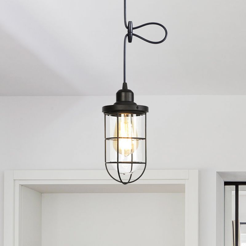 1 Light Hanging Ceiling Light Antiqued Cage Clear Glass Pendant Lamp Fixture in Black with Adjustable Cord