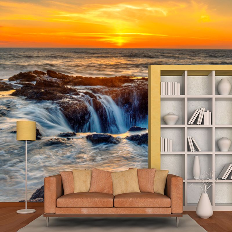 Tropics Flowing Wall Mural Yellow-Blue Sunset Sea Scenery Wall Decor for Living Room