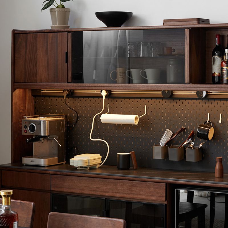 Modern Solid Wood Sideboard with 3 Drawers Glass Door in Brown