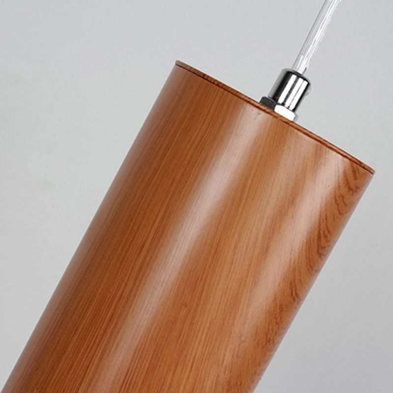 Cylinder Ceiling Light with Wood Grain Shade Modern Metal Brown Living Room Pendant Light in Warm/White, 11"/19"/27" Height