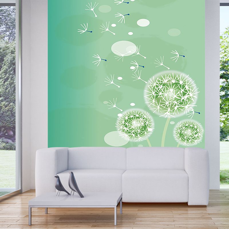 Green Childrens Art Mural Wallpaper Large Dandelion Patterned Wall Covering for Home