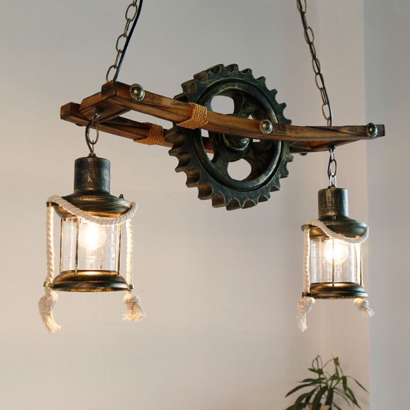 2 Lights Ceiling Light Coastal Kerosene Clear Glass Hanging Chandelier in Bronze with Gear