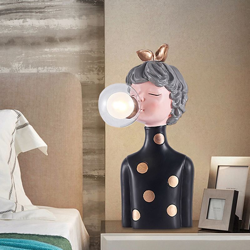 Blowing Bubble Girl Resin Desk Light Cartoon 1 Bulb Black Night Lamp with Clear/Blue/Green Glass Shade