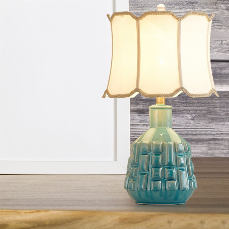 Fabric Scalloped Bell/Drum Table Lamp Vintage 1 Bulb Parlor Nightstand Light with Ceramic Pot Base in Blue