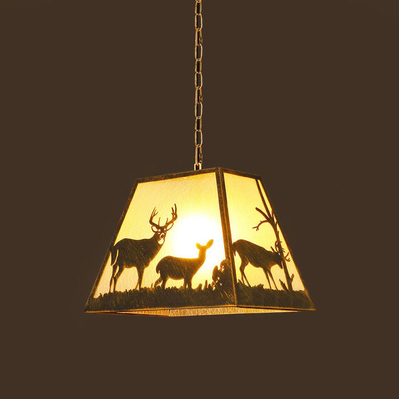 Rustic Trapezoid Pendant Lamp 1 Light Metal Hanging Light Fixture in Brown for Restaurant with Elk Pattern