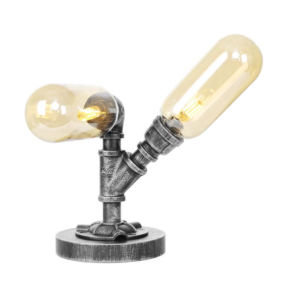 Capsule Clear/Amber Glass Night Light Farmhouse 2/3 Heads Tearoom LED Table Lamp with Pipe Base