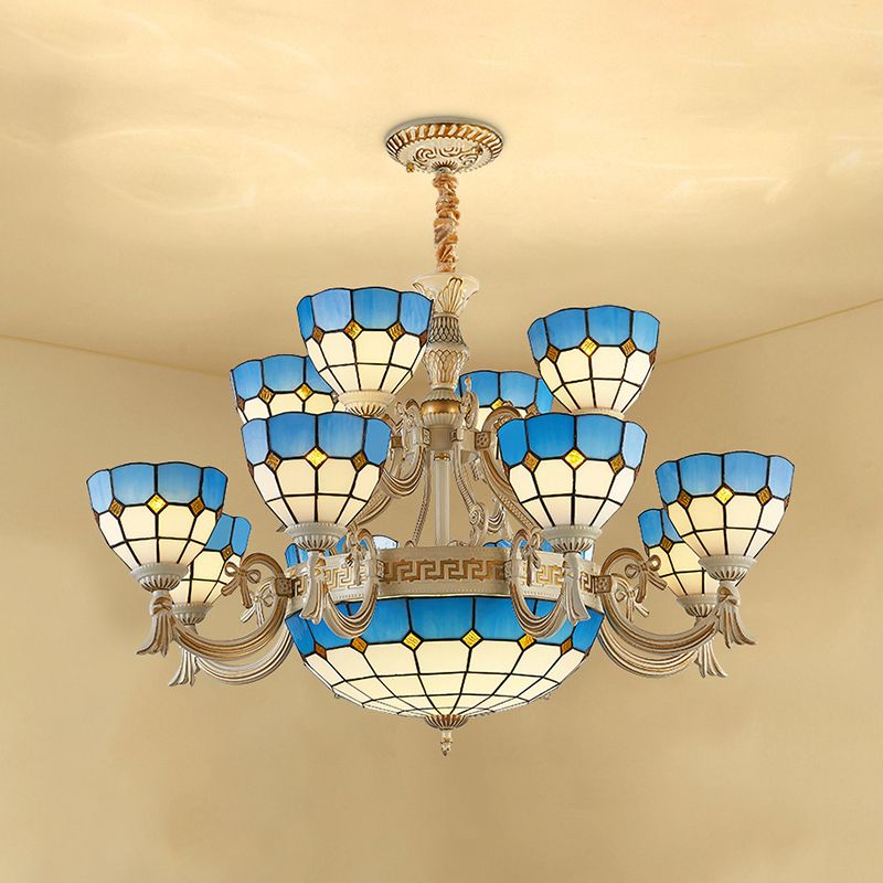 Tiered Ceiling Chandelier Tiffany Stained Glass 15 Lights Blue Hanging Light for Living Room with Curved Arm