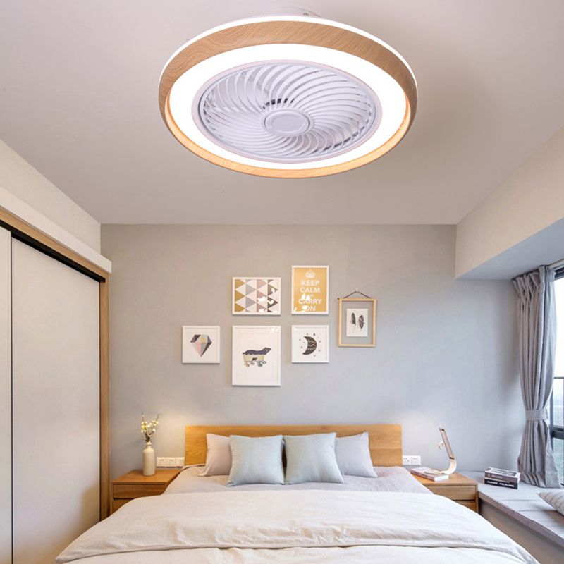 Wood Finish Round Fan Lamp Nordic LED Metal Ceiling Flush Mount Light for Bedroom