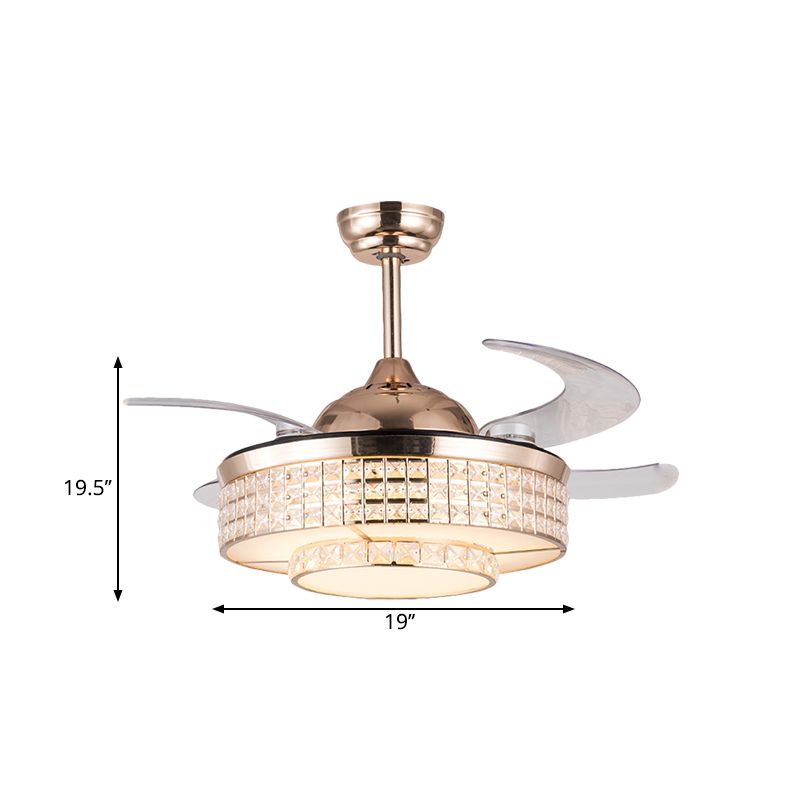 Acrylic Round Semi Mount Lighting Modernist 19" Wide LED Ceiling Fan Light with Crystal Deco in Rose Gold, 4-Blade